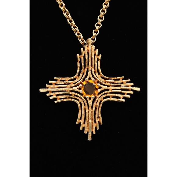 Sarah Cov Vintage Cross Necklace Pendant Orange Open Bezel Crystal Signed Bin3C - Picture 1 of 12